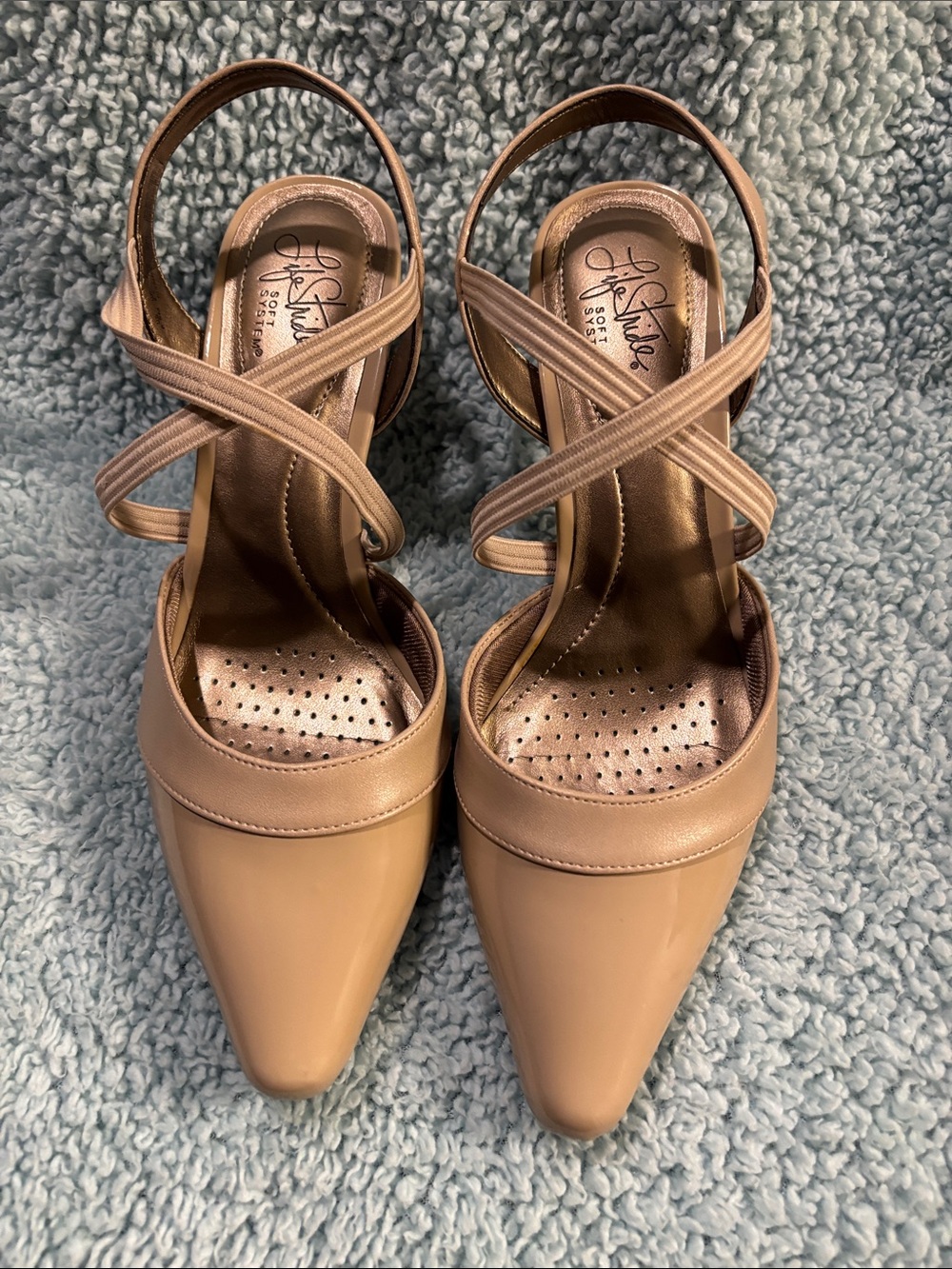 Life Stride Beige/Tan Pointed-Toe Cross-Strap Slingback Heels